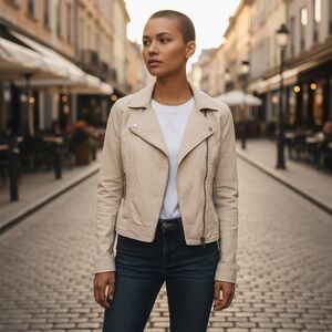 Michael Stars 100% Linen Blush Cropped Moto Jacket Coastal Chic - Size Medium